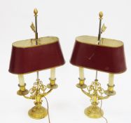 Pair of French bouillotte-style gilt brass table lamps, with red and gold coloured toleware oval