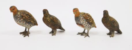 In the manner of Franz Bergman, four Austrian style cold-painted bronze models of partridge, tallest
