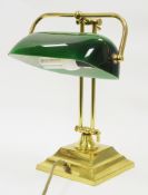 Victorian style gilt metal banker's lamp with swivel green glass shade, 35cm high