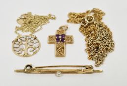 Three 9ct yellow gold fine link necklaces, longest 44.5cm, one with integrated ' Tree of life '