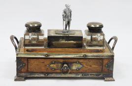 Victorian oak and silver-plated desk stand or standish, having a central silver-plated figural