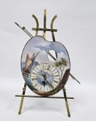 French novelty mantel clock the ceramic dial modelled as an artist's palette decorated with ships,