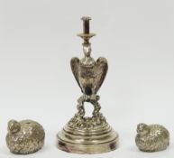 Late 19th century silver plated candlestick cast in the form of an eagle perched on a branch with