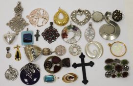 Two vintage sewing baskets full of costume jewellery, mainly pendants including stone, abalone