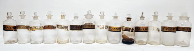 Fourteen late 19th/early 20th century labelled glass apothecary bottles and stoppers, each of