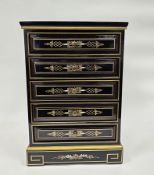 Contemporary Asian black and gold lacquered five-drawer table-top chest, decorated with kingfisher