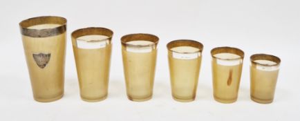 Set of six Victorian horn and silver rimmed beakers, Sheffield 1893, Atkin Brothers, being a