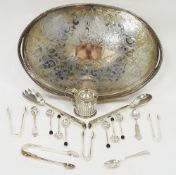 Collection of silver plate including an oval gallery tray, large pierced mustard pot, pair of