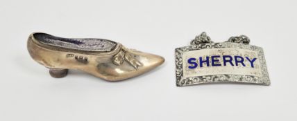 Edward VII silver pincushion in the form of a shoe, Birmingham 1904, Levi & Salaman, 7cm long