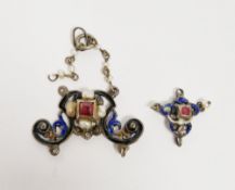 Two white metal, enamel and pearl pendants, possibly Austro-Hungarian, each set with a central red