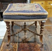19th century oak dressing stool, the woolwork upholstered rectangular seat on a base with