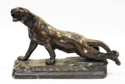 Art Deco bronze effect plaster model of a prowling panther, 31cm high x 49cm long