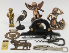 Mixed lot of collectables including corkscrews, a two-tool bow corkscrew, cigar cutter, horse