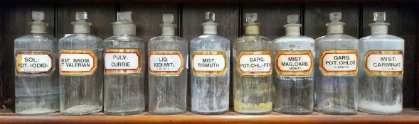 Nine large early 20th century 'label under glass' apothecary bottles and stoppers, each of