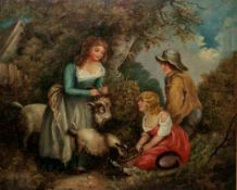 Attributed to George Morland (1762/63-1804) Oil on canvas Rustic scene, children feeding goats in