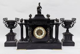 Late 19th century French clock garniture, the time piece in architectural case with columns,
