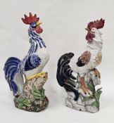 Two contemporary Italian majolica-style models of cockerels, applied with Made in China labels, each