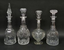 Four 19th century cut glass decanters and stoppers, some stoppers matched, including a mallet-shaped