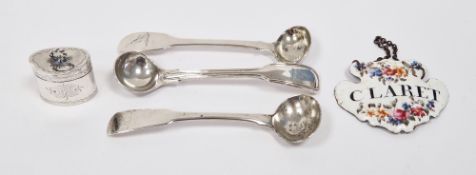 Three silver mustard spoons including a George III example (hallmarks rubbed), another George III