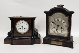 Edwardian mantel clock, the circular enamel dial with roman numerals in mahogany case with scroll