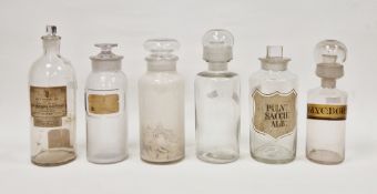 Six late 19th/early 20th century labelled glass apothecary bottles and stoppers in sizes, each of