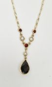 9ct yellow gold, garnet and pearl necklace, the fine link chain having a drop collet set with a