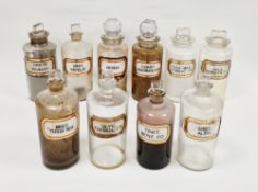 Ten large early 20th century 'label under glass' apothecary bottles and stoppers, each of