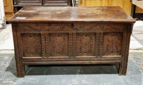 18th century oak coffer, the hinged lid with thumb-mould edge opening to a candle space, over a