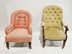 19th century mahogany framed button back open armchair upholstered in a green patterned fabric, on a