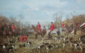 After Haywood Hardy Colour print Group of hunting figures, horses and hounds in countryside, 43cm