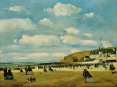 20th century school Oil on panel Coastal scene with figures on beach, unsigned, gilt framed, 30.