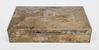 Silver cigar box, Birmingham 1956, makers mark rubbed, the hinged lid with engine-turned