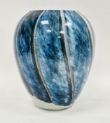 Oviform studio glass vase, cased in white and mottled in blue with dark blue and white vertical