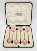 Cased set of six George V silver and pink enamel coffee bean spoons, Birmingham 1929, Henry Clifford