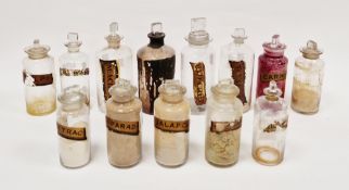 Thirteen late 19th/early 20th century labelled glass apothecary bottles and stoppers in sizes,
