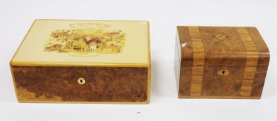 Burr walnut and camphor wood humidor, the hinged lid decorated with a Victorian ' Mr Punch ' scene