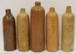 Collection of 19th century German and Dutch brown stoneware mineral water bottles, variously
