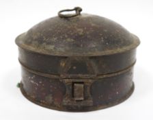 19th century metal spice tin of circular form, the hinged lid with loop handle to top opening to a