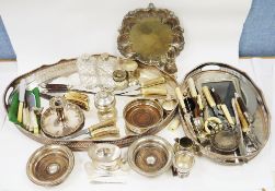 Mixed lot of silver plate and flatware including two oval serving trays with shaped pierced