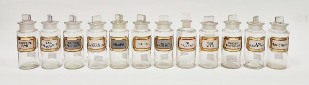 Twelve early 20th century 'label under glass' apothecary bottles, each of cylindrical form with