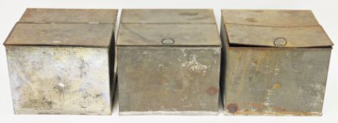 Three late 19th/early 20th century metal apothecary pharmaceutical canister drawer inserts of square
