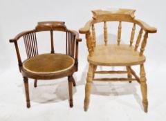 Edwardian mahogany inlaid tub salon chair, the shaped top rail over turned spindle supports,