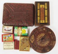 Japanese Himitsu-Bako wooden puzzle box with geometric inlaid decoration, 7.5cm long together with