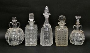 Two late 19th century Dutch engraved carafes and one stopper, engraved with windmills and fruiting