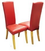 Set of eight Tom Schneider red leather-effect upholstered high back dining chairs on square