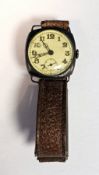 Early 20th century gent's white metal cased wristwatch, the circular enamel dial with arabic numeral