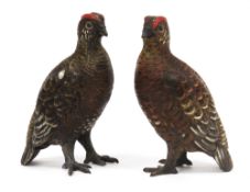 In the manner of Franz Bergman, pair of Austrian style cold-painted bronze models of red grouse,