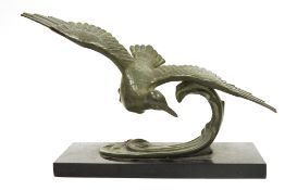 After Emile Gregoire, Art Deco patinated bronze sculpture of a sea bird and a wave, signed Gregoire,