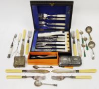 Collection of silver plated items including a wooden cased set of Victorian dessert forks and knives