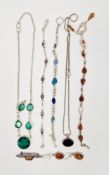 Seven items of contemporary gem and glass set silver jewellery including an opal set bracelet, an